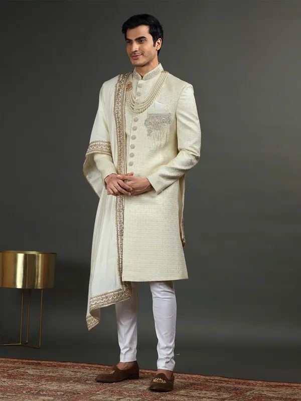 Newest cream silk groom sherwani