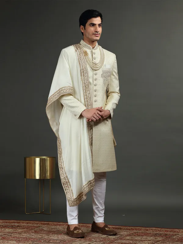 Newest cream silk groom sherwani