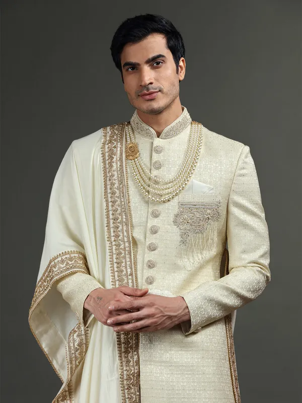 Newest cream silk groom sherwani