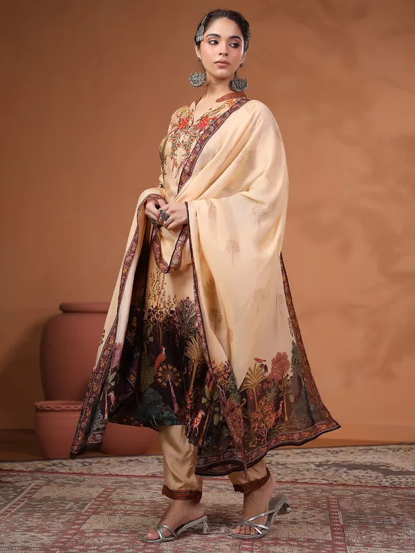 Newest cream silk printed kurti set