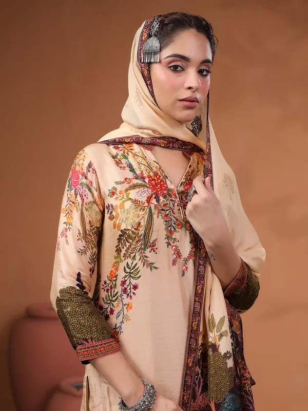Newest cream silk printed kurti set
