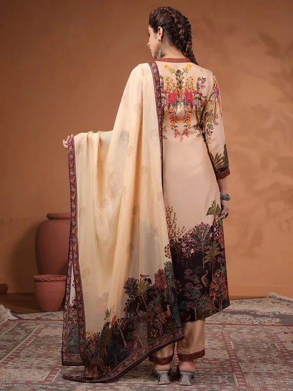 Newest cream silk printed kurti set
