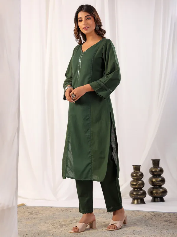 Newest dark green cotton kurti set