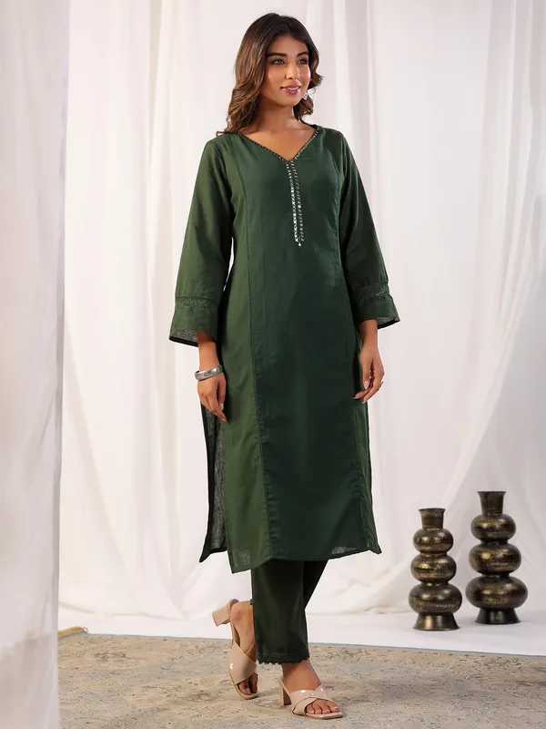 Newest dark green cotton kurti set