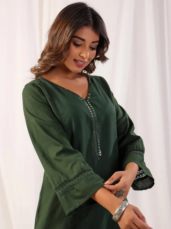 Newest dark green cotton kurti set