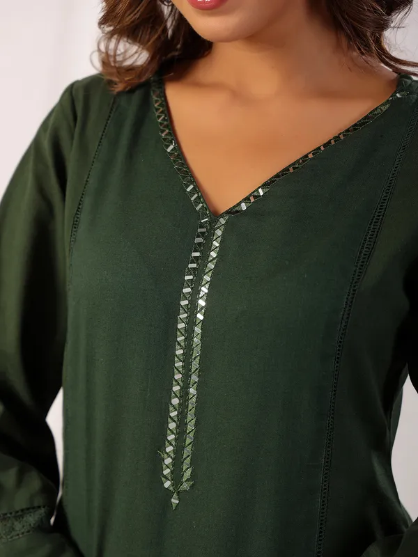 Newest dark green cotton kurti set