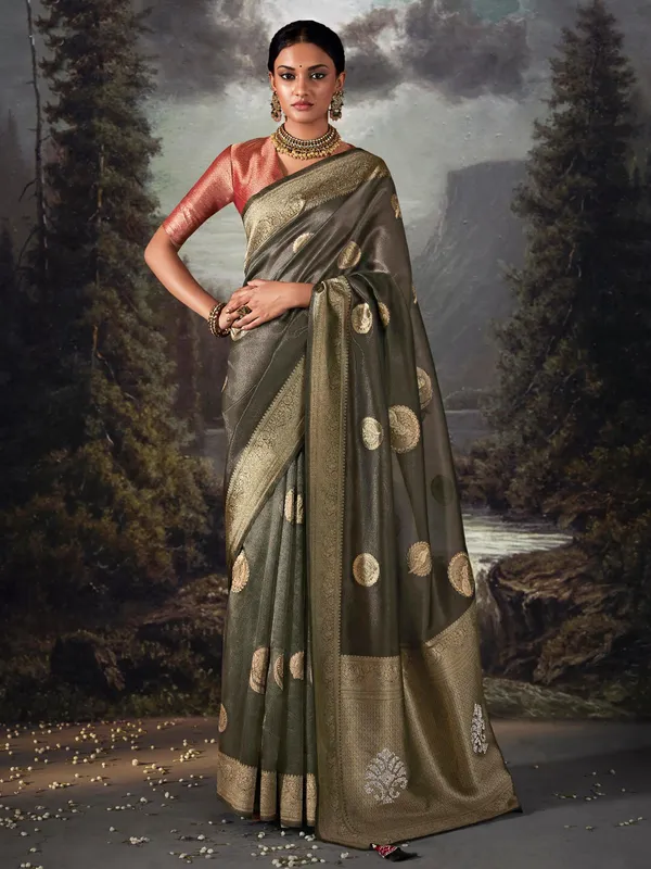 Newest dark green organza saree