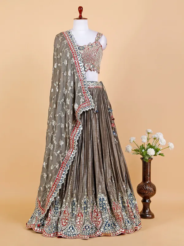 Newest dark grey raw silk lehenga choli