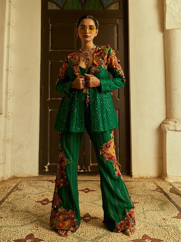 Newest green silk palazzo suit