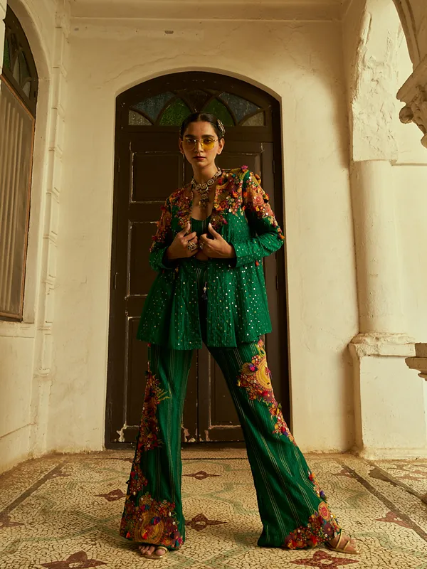 Newest green silk palazzo suit
