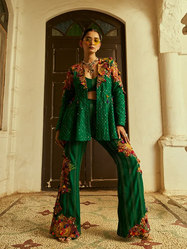 Newest green silk palazzo suit