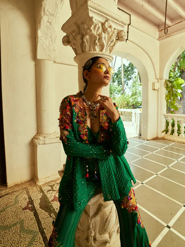 Newest green silk palazzo suit