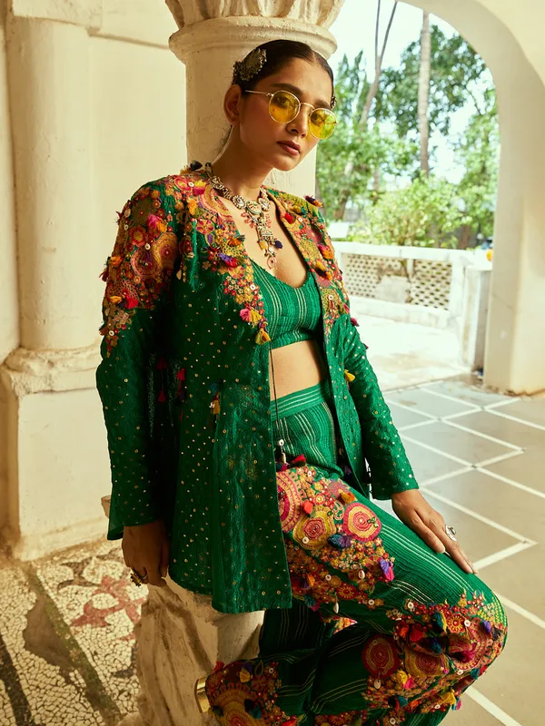 Newest green silk palazzo suit
