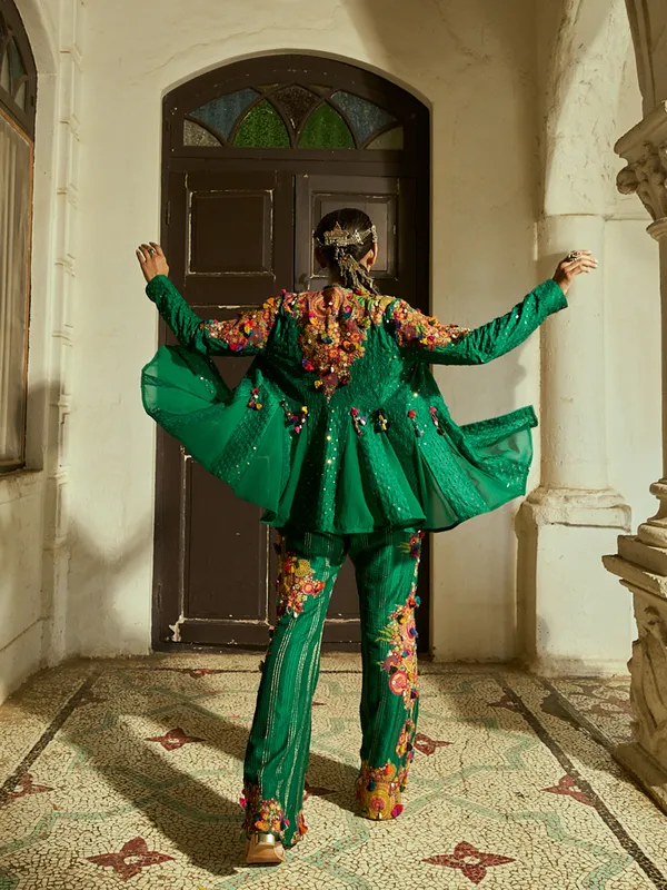 Newest green silk palazzo suit