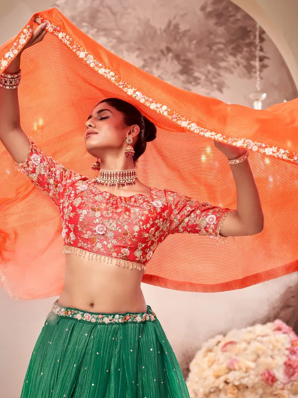 Newest green silk unstitched lehenga choli