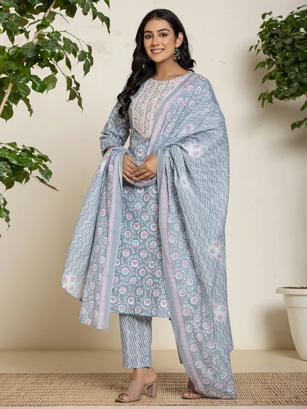 Newest grey printed georgette kurti set