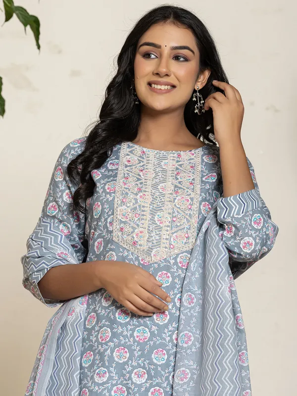 Newest grey printed georgette kurti set