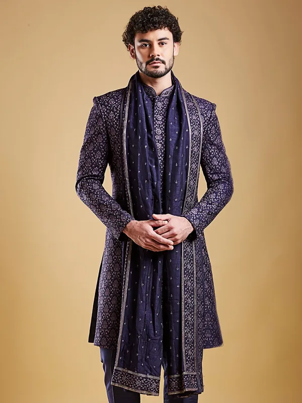 Newest groom style navy blue raw silk sherwani