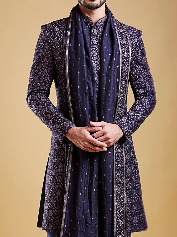 Newest groom style navy blue raw silk sherwani