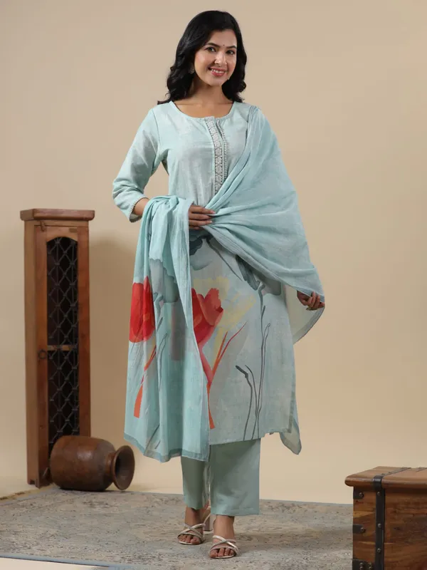 Newest light blue cotton kurti set