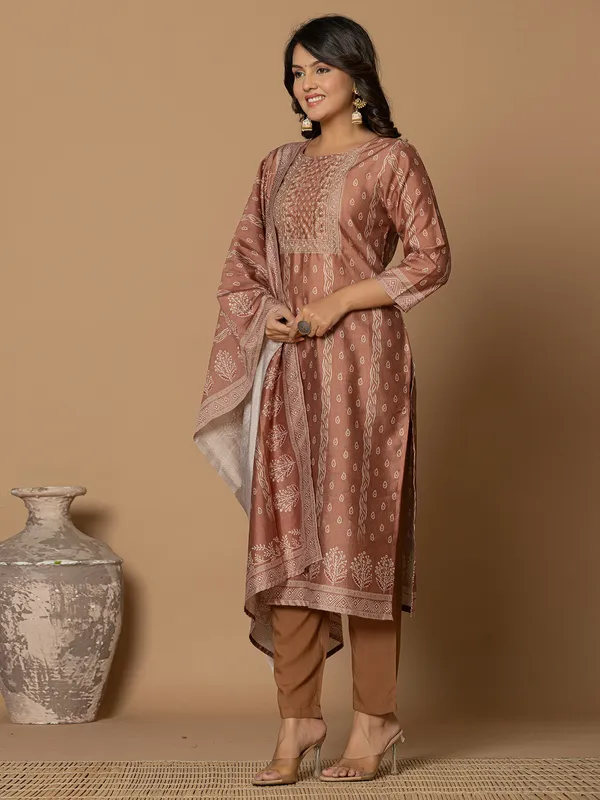 Newest light brown kurti set in linen