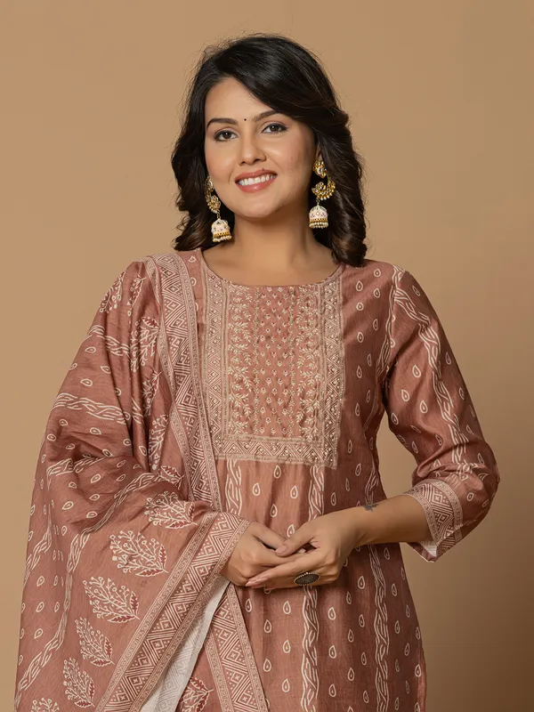 Newest light brown kurti set in linen