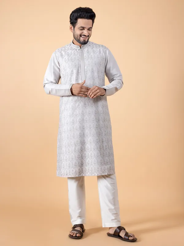 Newest light grey silk  Men Kurta pajama