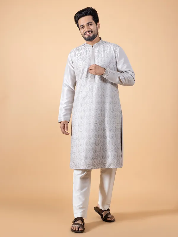 Newest light grey silk  Men Kurta pajama