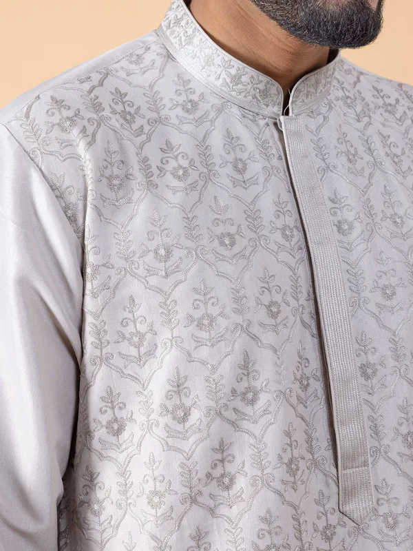 Newest light grey silk  Men Kurta pajama