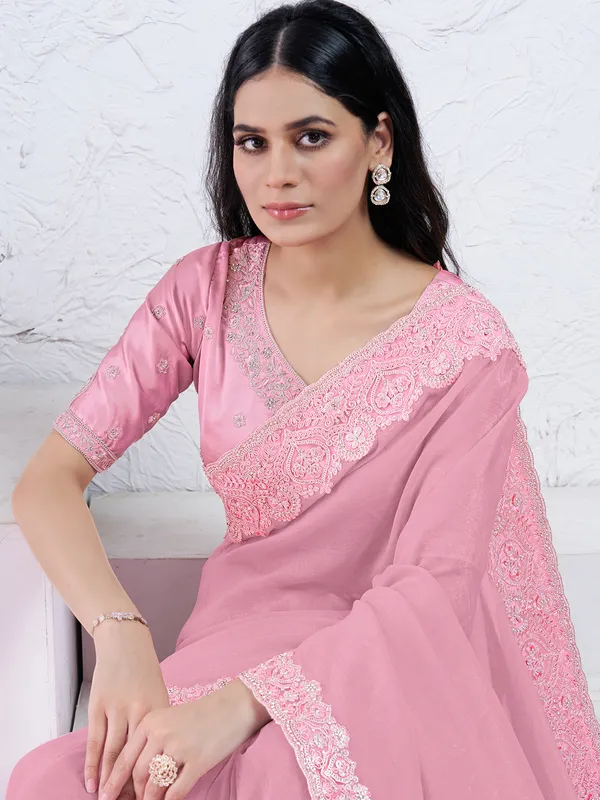 Newest light pink crepe saree