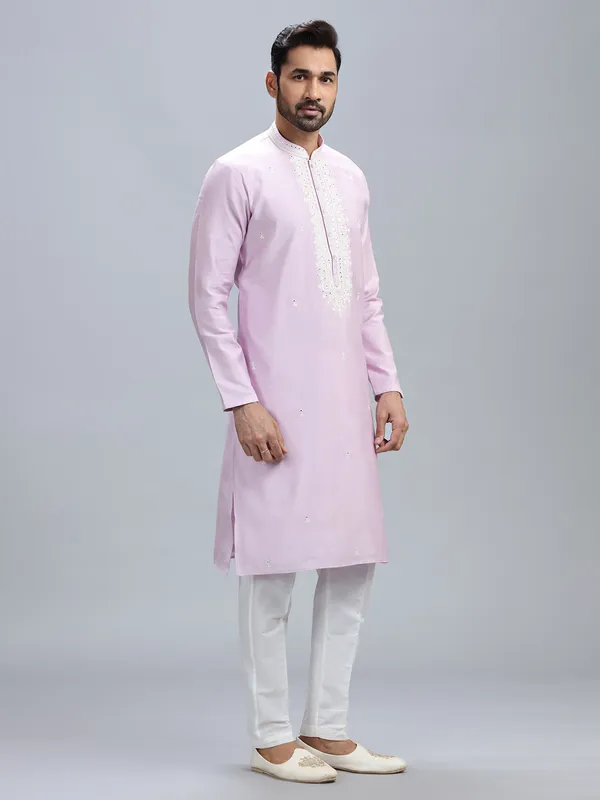 Newest lilac cotton silk kurta set for men