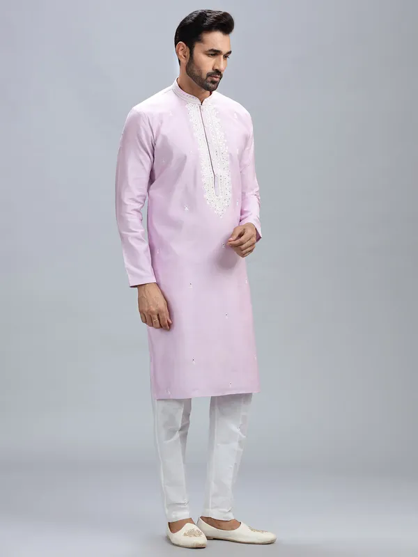 Newest lilac cotton silk kurta set for men