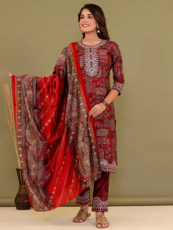 Newest maroon cotton printed kurti set