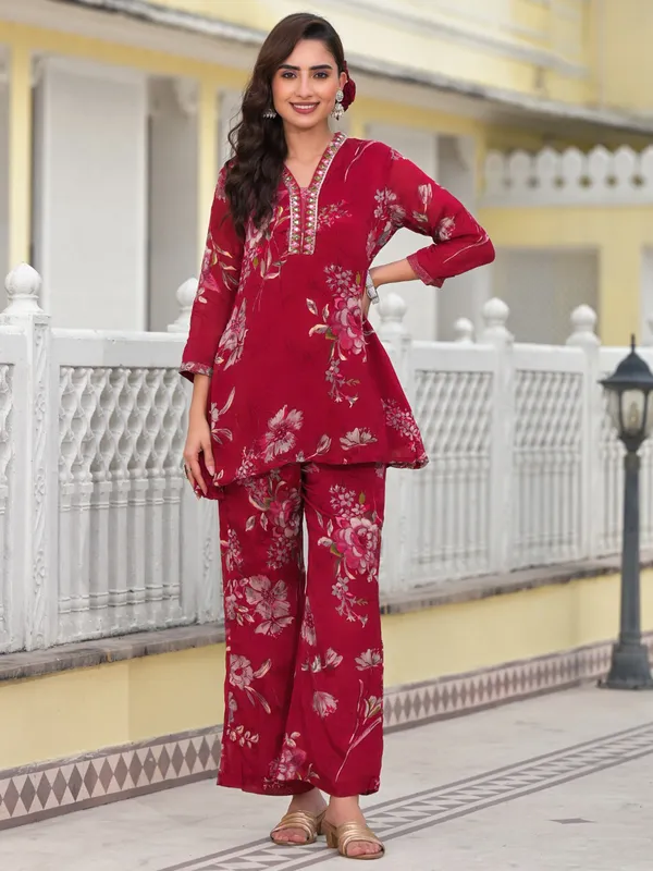 Newest maroon printed silk kurti set