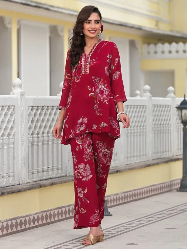 Newest maroon printed silk kurti set