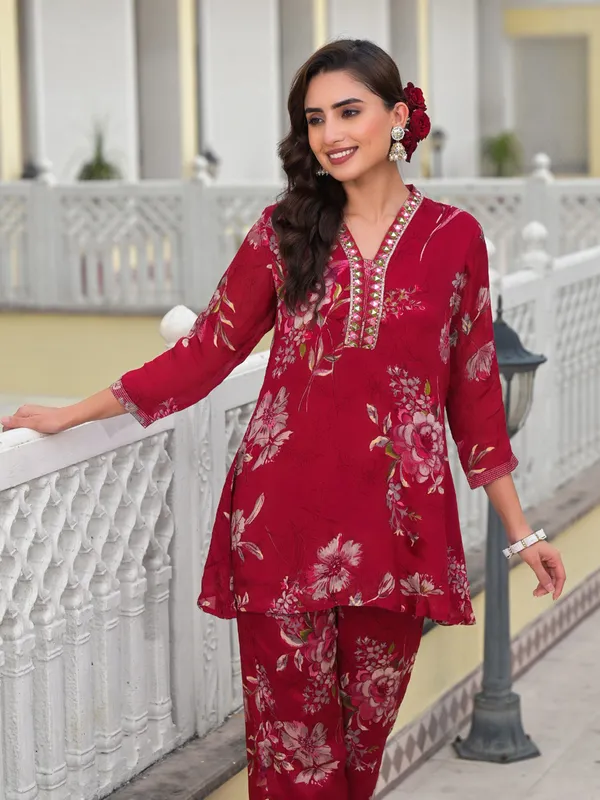 Newest maroon printed silk kurti set