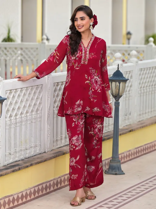 Newest maroon printed silk kurti set