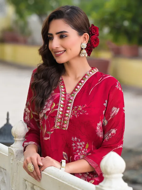 Newest maroon printed silk kurti set