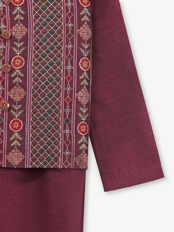 Newest maroon silk waistcoat set for wedding