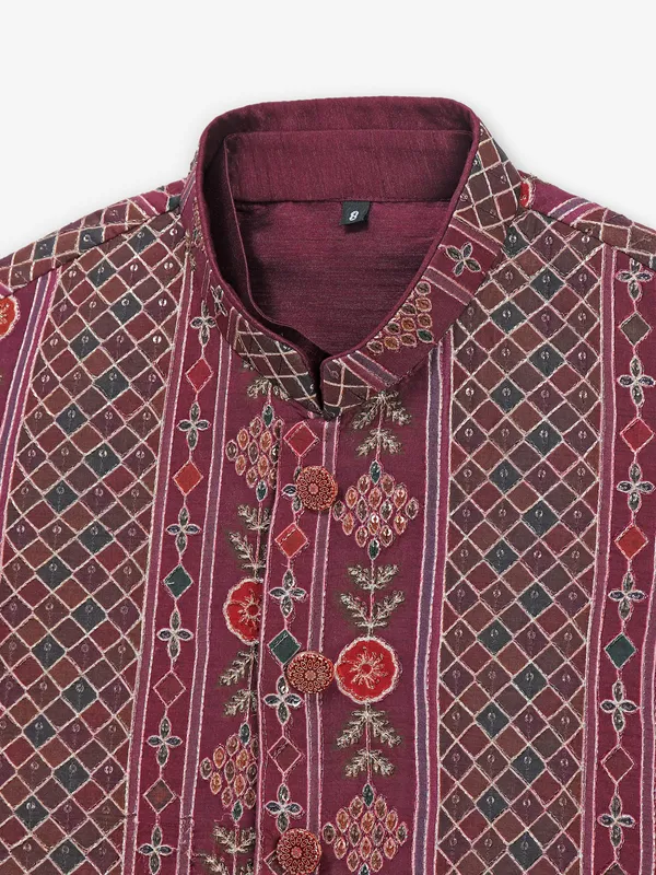 Newest maroon silk waistcoat set for wedding