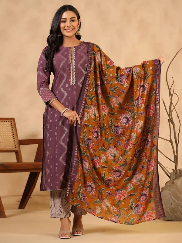 Newest mauve purple cotton kurti set