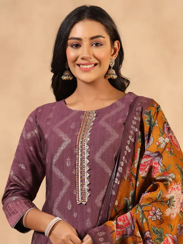 Newest mauve purple cotton kurti set