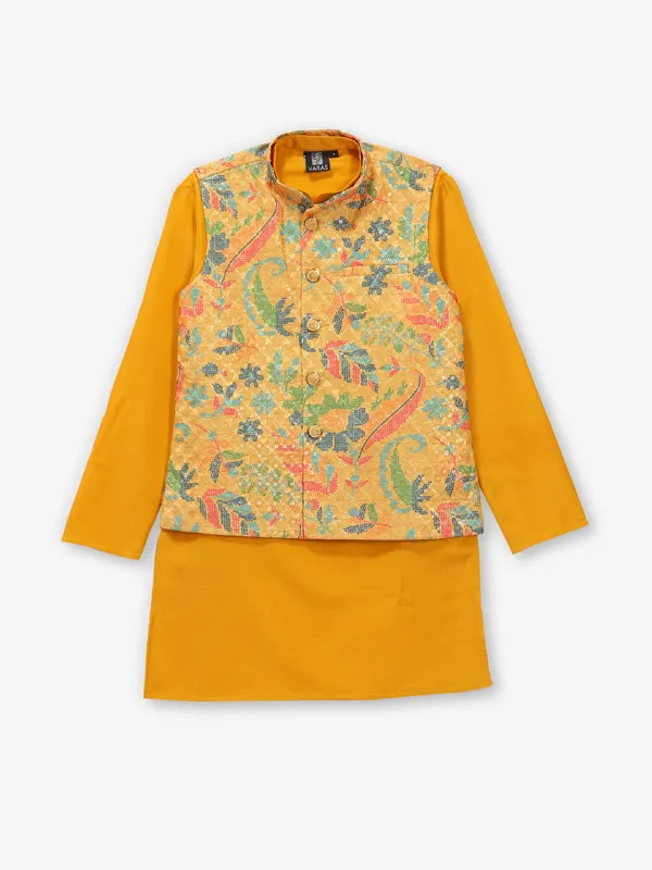 Newest mustard yellow cotton silk waistcoat set