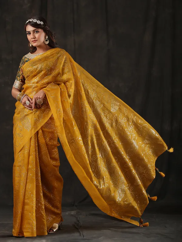 Newest mustard yellow organza saree