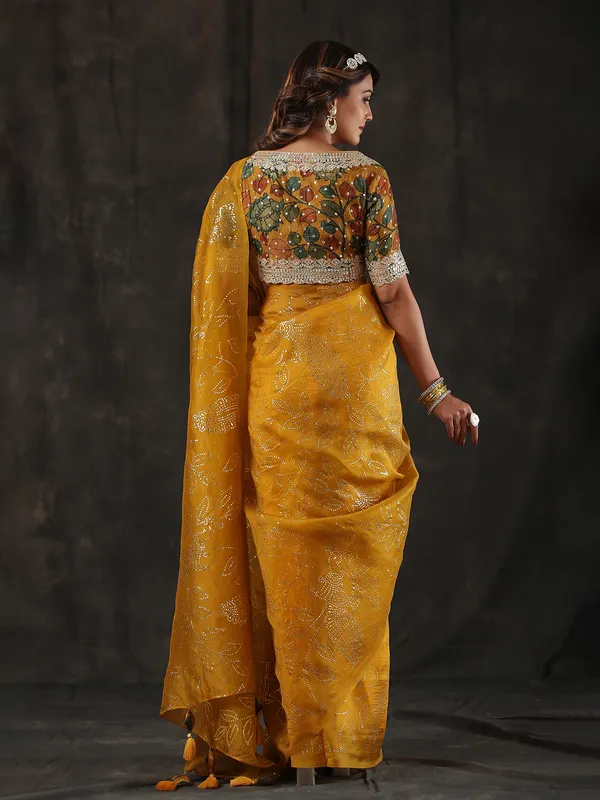 Newest mustard yellow organza saree