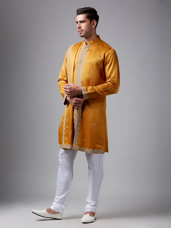 Newest mustard yellow silk  Men Kurta pajama