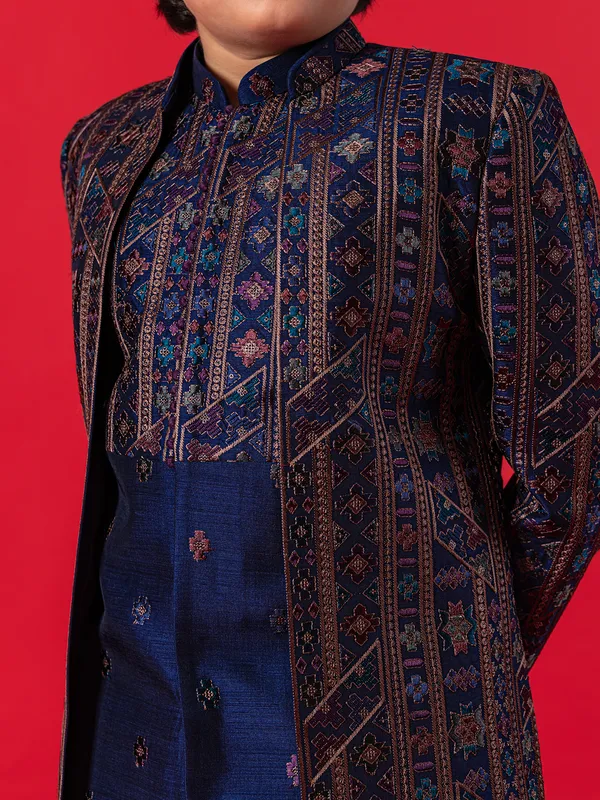 Newest navy blue Indowestern with colorful embroidery