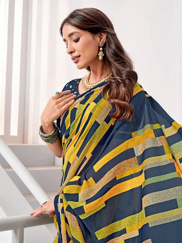 Newest navy printed georgette saree