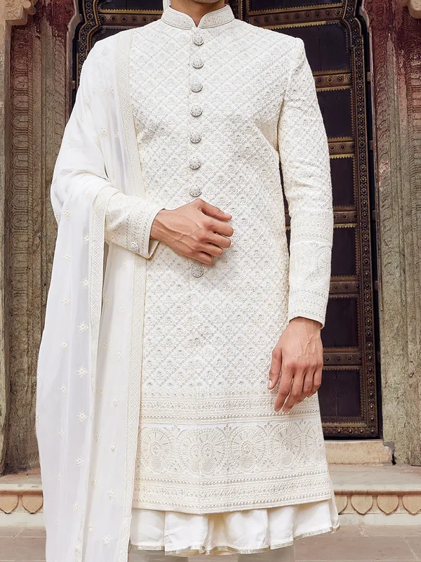 Newest off white raw silk sherwani for wedding