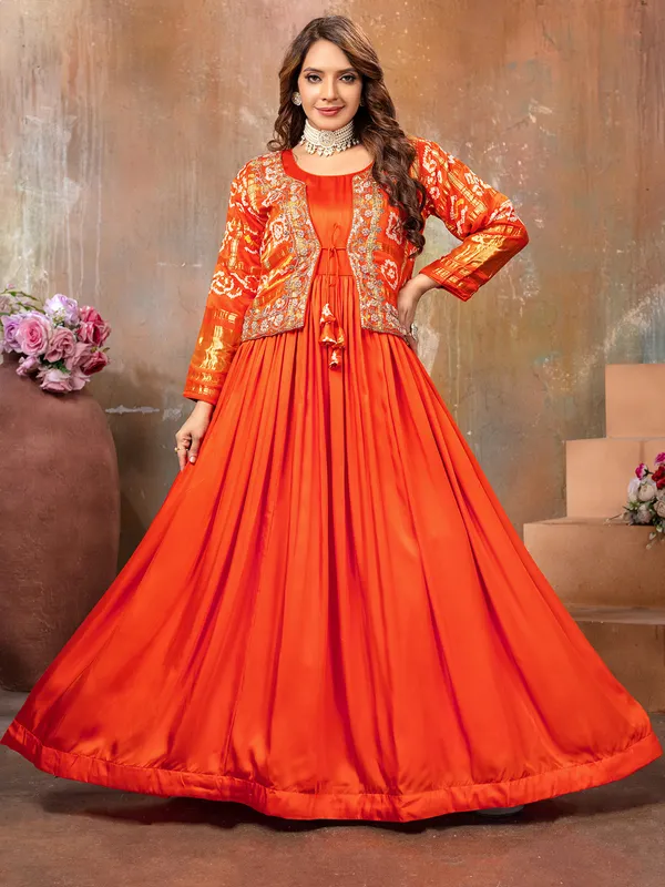 Newest orange satin anarkali suit for wedding